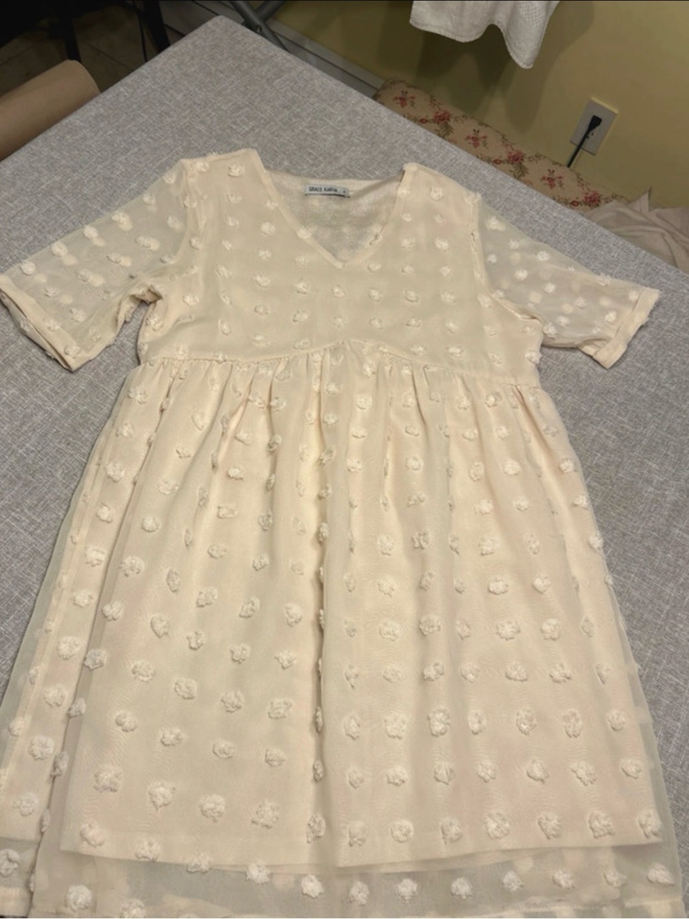 Grace Karin Cream Swiss Dot V-Neck Babydoll Dress